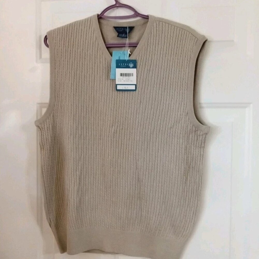 Astra Classic Men's Knit Sweater Vest Beige V Neck Sleeveless Size Large